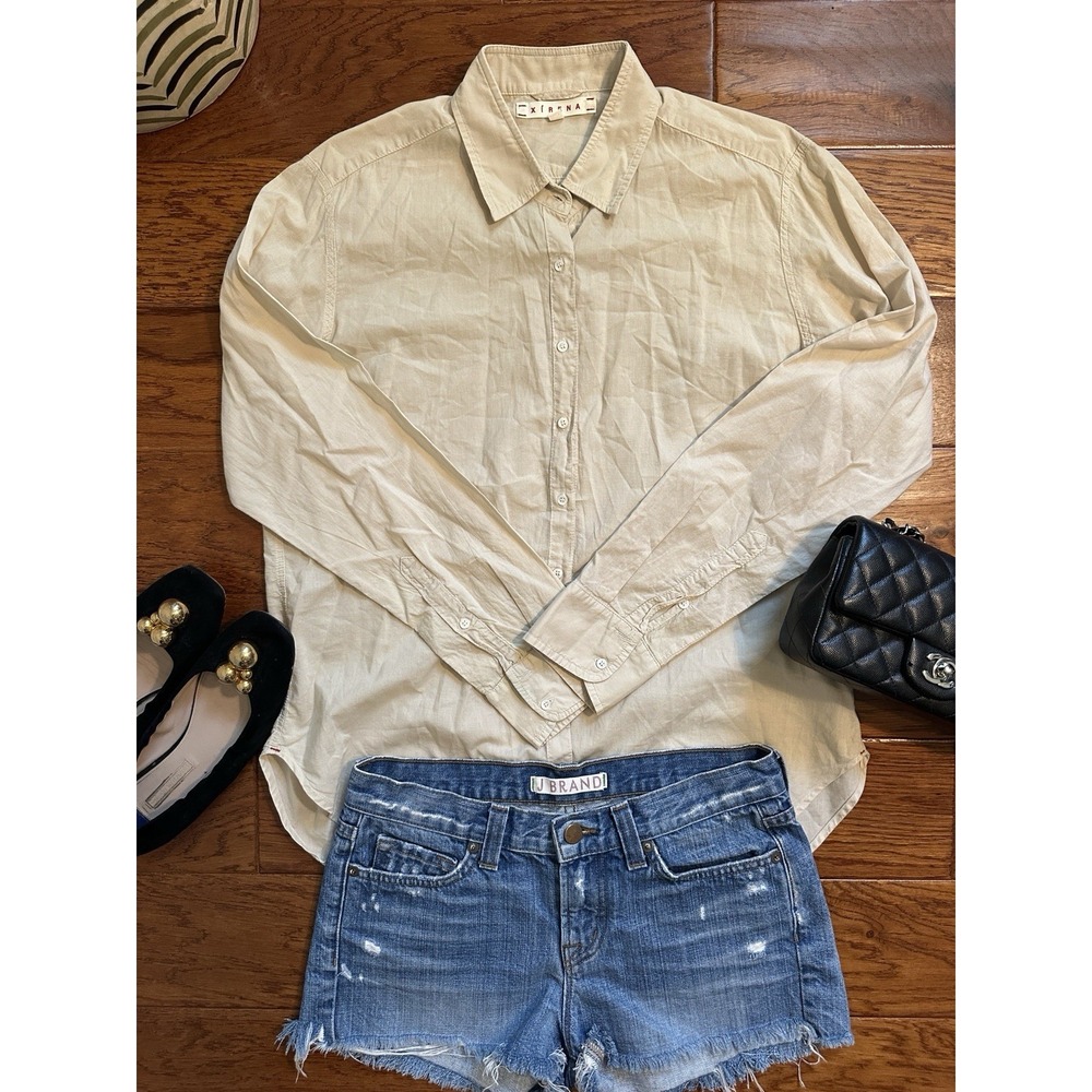 XIRENA Light Khaki Tan 100% Cotton Button Down Shirt Blouse USA Size XS Light